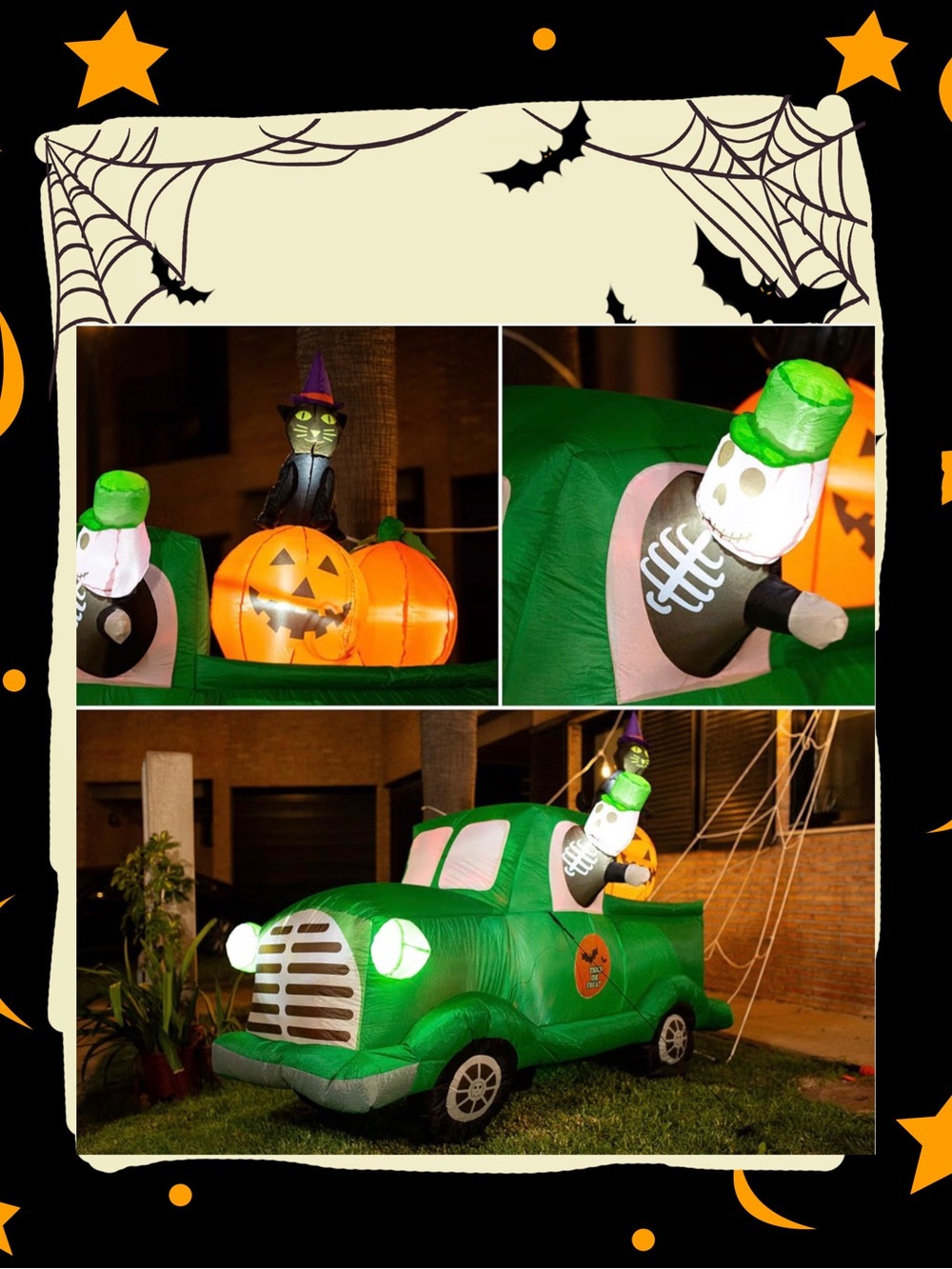 7.5ft Halloween Green Ghost Car Inflatable LED, Pumpkin & Black Cat & Skeleton